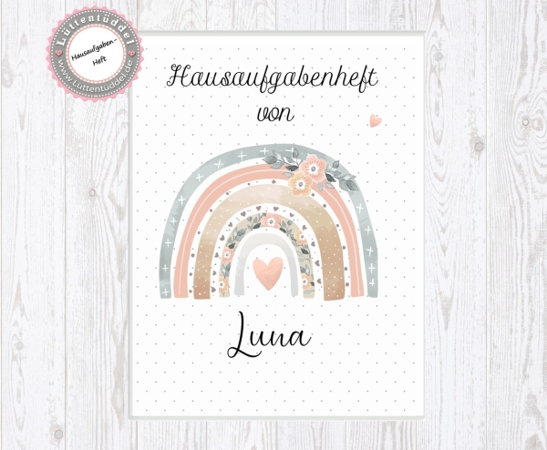 zauberhaftes Schulheft Umschlag Regenbogen Blume Hausaufgabenheft in seperater Hochwertiger Hülle Einschulung Schulkind von Lüttentüddel®